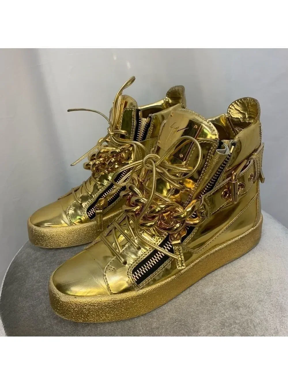 Giuseppe Zanotti London Mirrored Leather Chain High  'Vegas Gold' hi-top sneaker